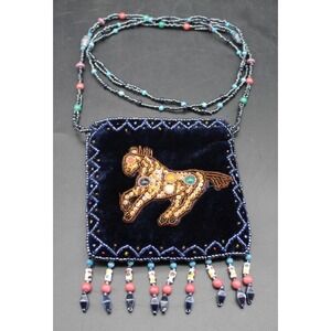 Handmade Mini Beaded Horse Necklace Pouch Velvet Amulet Bag Boho Tribal